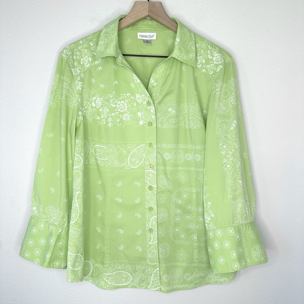 Coldwater Creek 3/4 Sleeve Button-Up L Green Floral Cotton Boho Fairy Coastal